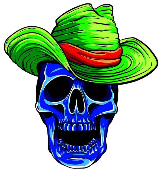 Strašidelný kovboj lebka znak s klasickou plstěnou klobouk v karikaturním stylu — Stockový vektor