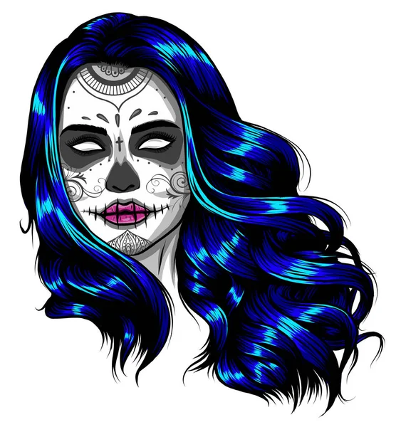Triste fille aux cheveux bleus. Illustration vectorielle sur fond abstrait. — Image vectorielle