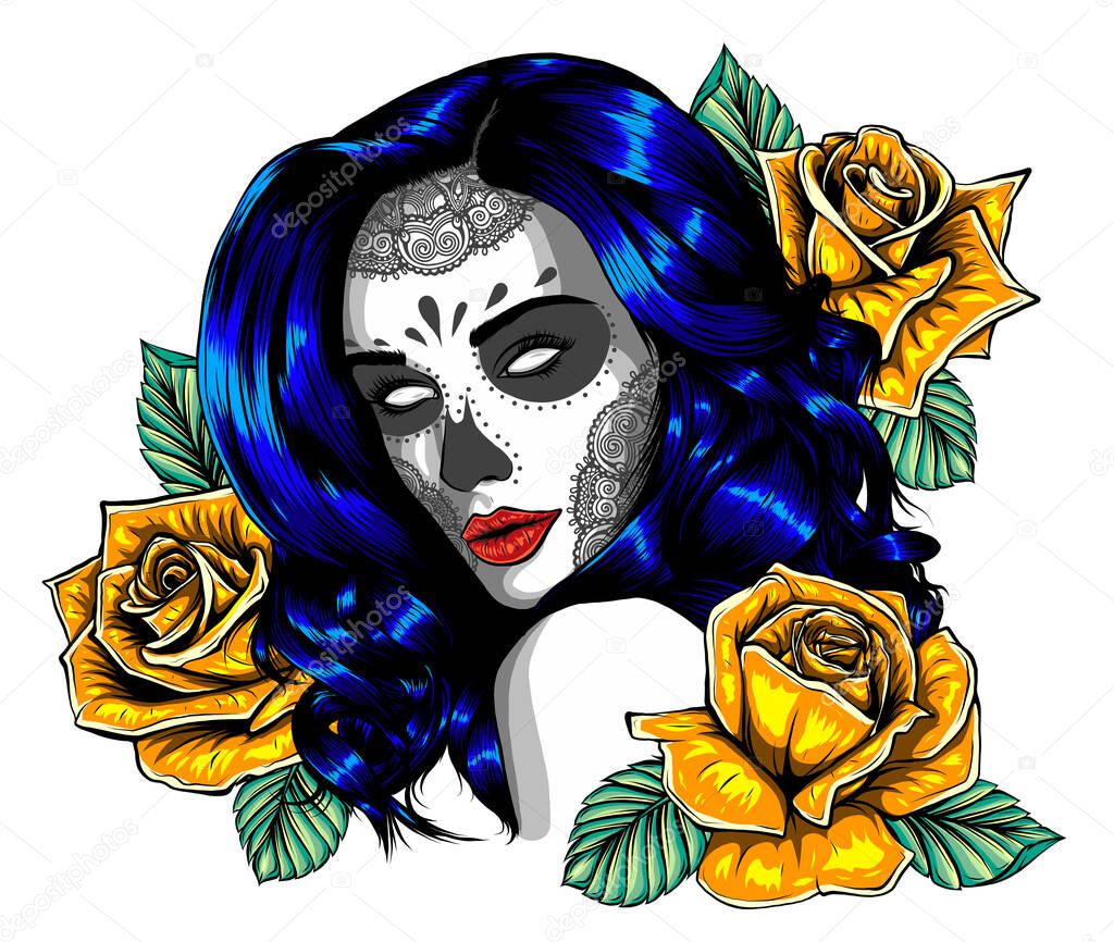 Day of dead sexy girl with flower isolated on white