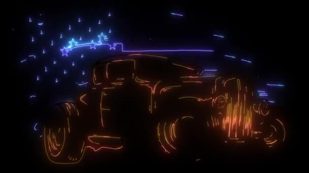 Мультфильм Retro Hot Rod с цифровым неоновым видео под флагом США — стоковое видео