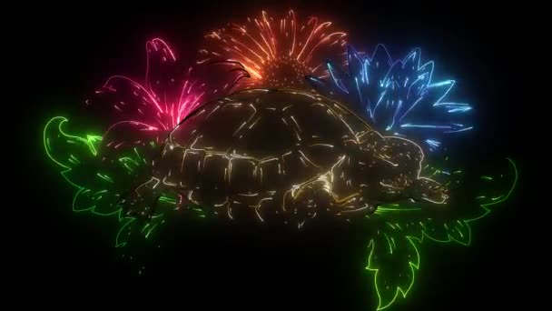 Turtle with flower designs digital neon video — Stock Video