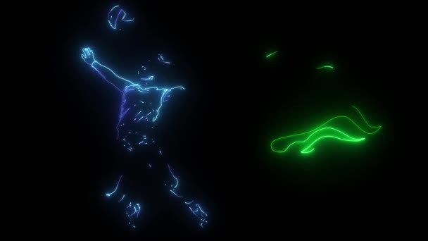 Siluet pemain bola voli dengan api. video neon digital — Stok Video