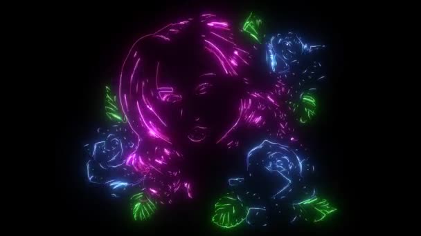 Fille avec des roses numérique néon vidéo — Video