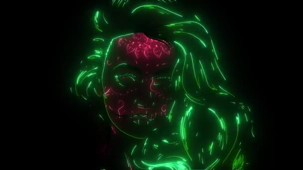 Vrouw met suiker Skull Face Paint digitale neon video — Stockvideo