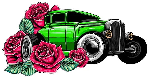 Macchina pasquale. Auto retrò alla guida di un bouquet di tulipani. Illustrazione del vettore disegnato a mano. — Vettoriale Stock