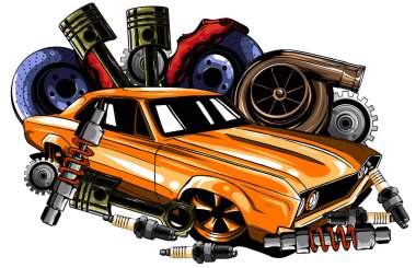 Araba sistemi. yedek parça. Gerçekçi bir araba. vektör illüstrasyonu