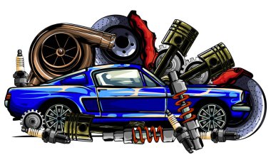 Araba sistemi. yedek parça. Gerçekçi bir araba. vektör illüstrasyonu