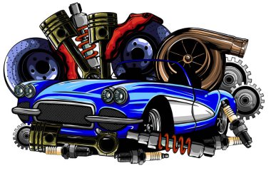 Araba sistemi. yedek parça. Gerçekçi bir araba. vektör illüstrasyonu