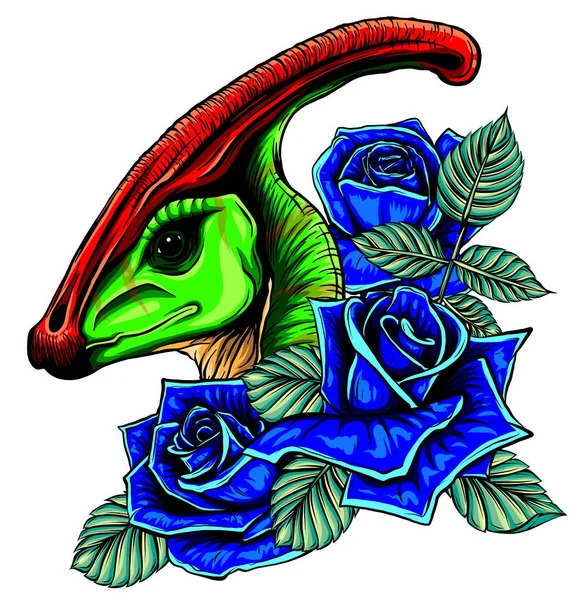 Draak hoofd met rozen en bloem vet illustratie — Stockvector