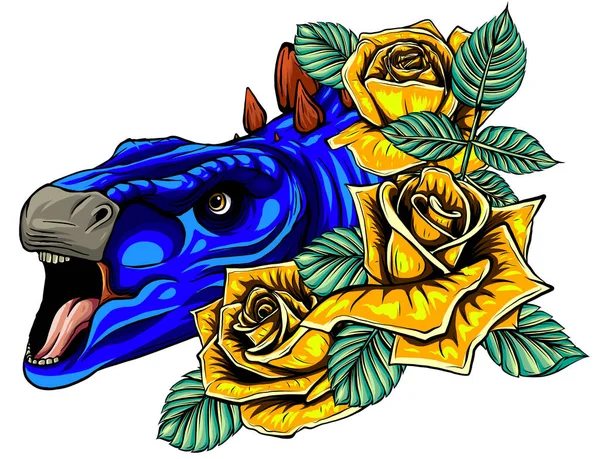 Cabeza de dragón con rosas y flor vetor ilustración — Vector de stock