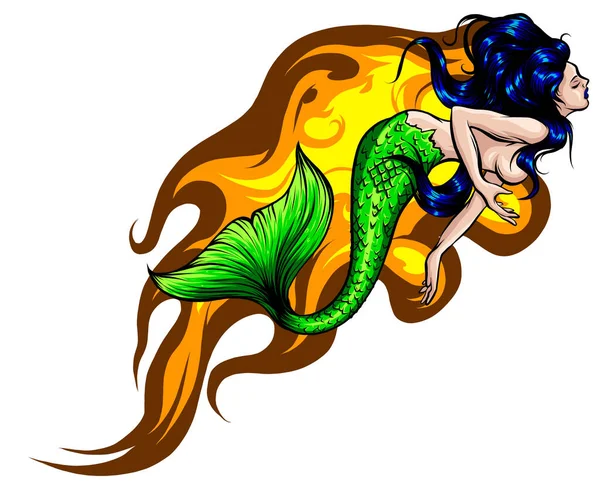 Portrait d'une sirène aux cheveux fluides, illustration vectorielle dessinée à la main — Image vectorielle