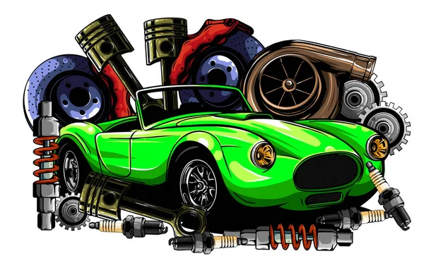 Sistema de coche. piezas de repuesto. coche realista. ilustración vectorial — Vector de stock