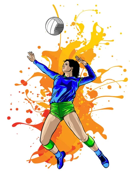 Silhouet van volleybalspeler met vlammen. Vector. — Stockvector