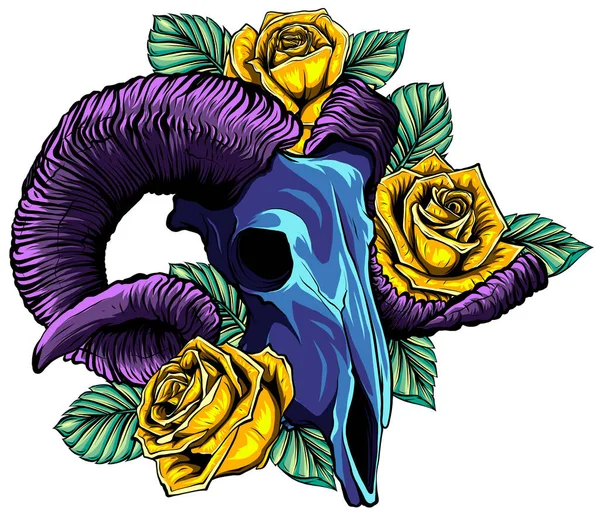 Crâne de chèvre dessiné à la main avec illustration vectorielle doodle roses. — Image vectorielle