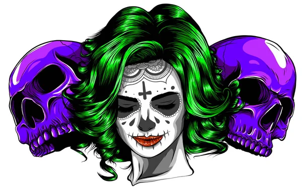 Mujer con cráneos cabeza vector ilustración gráficos — Vector de stock