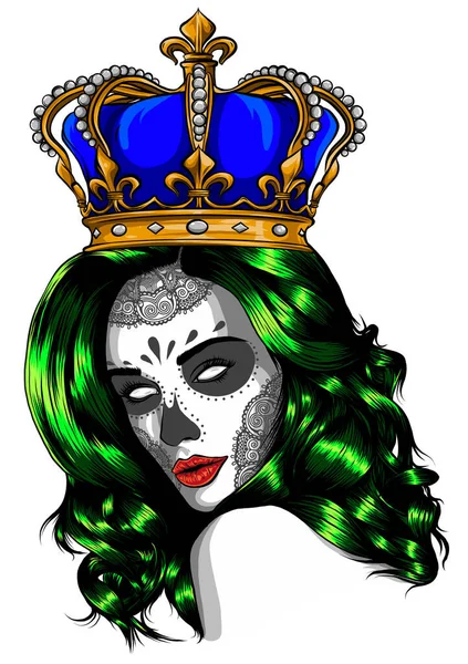 Reine de la mort. Portrait d'un crâne avec une couronne et des cheveux longs. vecteur — Image vectorielle