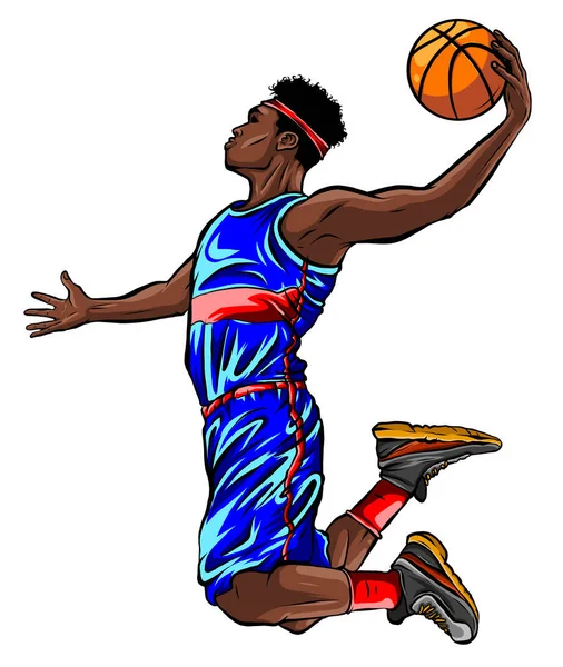 Negro jugador de baloncesto masculino saltando para disparar la pelota — Vector de stock