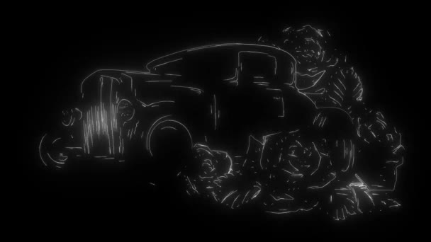 Вінтажний автомобіль з трояндами, гараж з гарячим стрижнем, цифрове неонове відео — стокове відео