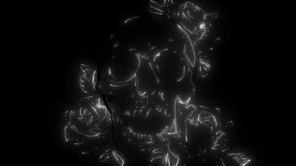 Skalle med blommor och rosor. digital neonvideo — Stockvideo