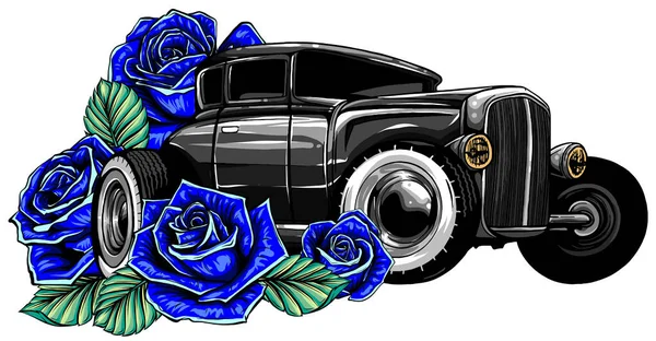 Retro vintage vector 60s, 50s automobile. Old school car with hand drawn frame and decorative roses in classic style. Old Border on background. — Stock Vector