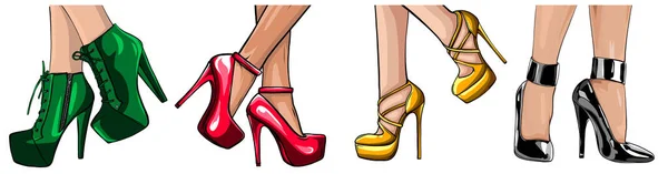 Vector meisjes op hoge hakken. Modeillustratie. Vrouwelijke benen in schoenen. Leuk ontwerp. Trendy foto in vogue stijl. Modieuze vrouwen. Stijlvolle dames. — Stockvector