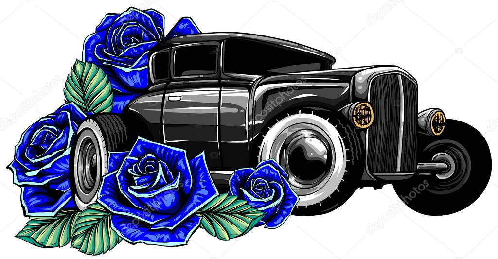 Retro vintage vector 60s, 50s automobile. Old school car with hand drawn frame and decorative roses in classic style. Old Border on background.