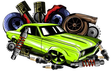 vektör vintage rozetler, araba servisi tabelası, yedek parça deposu retro araba,