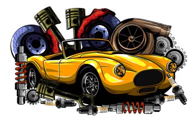 vektör vintage rozetler, araba servisi tabelası, yedek parça deposu retro araba,