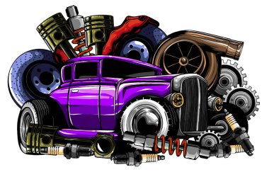 vektör vintage rozetler, araba servisi tabelası, yedek parça deposu retro araba,