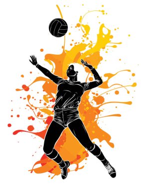 Voleybol Spor Kızı ve Top Çizgi Filmi Vektör İllüstrasyonu