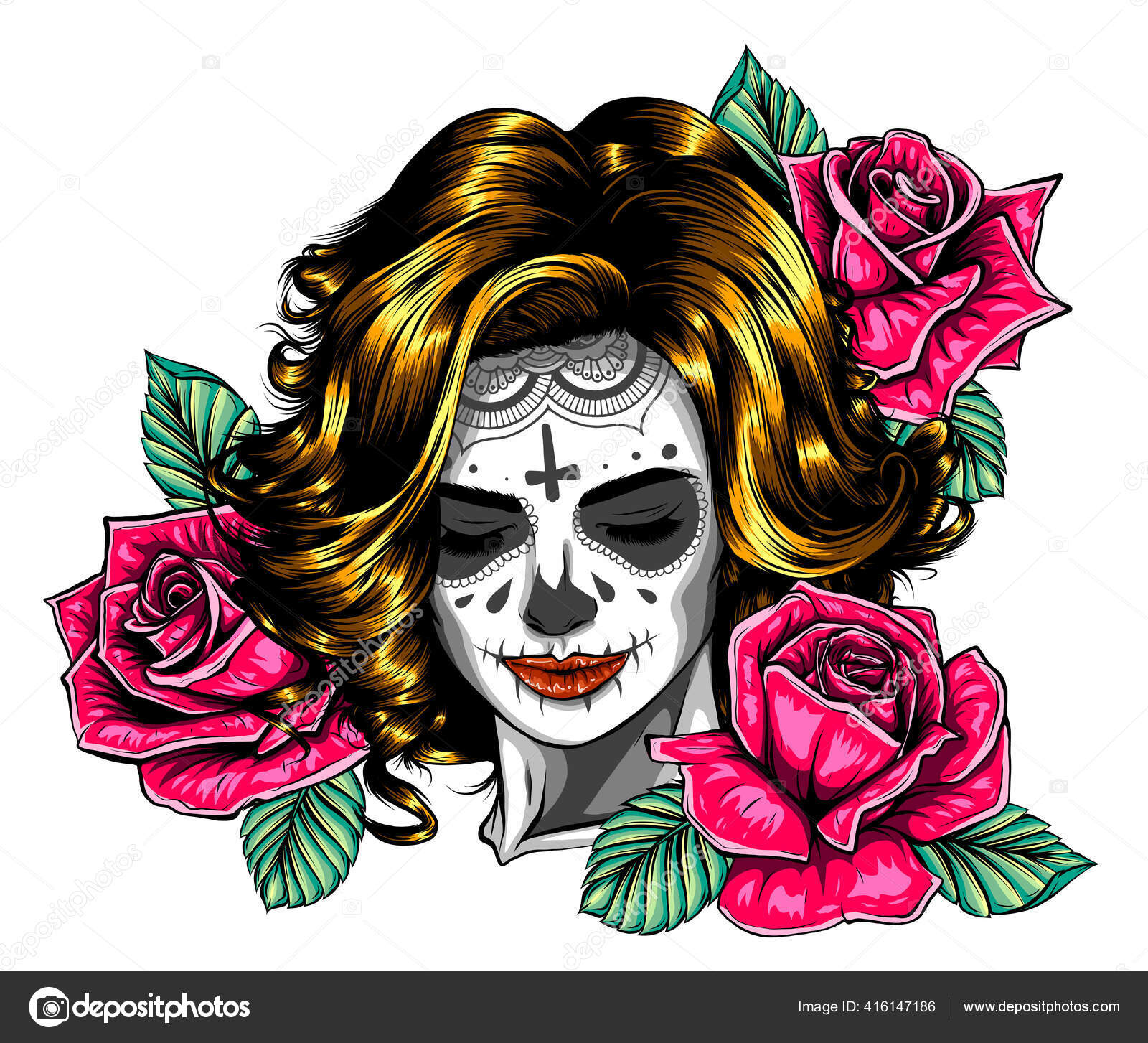 スケルトンの女の子は手描きベクトルスケッチを構成します。サンタマリア女性魔女肖像画の在庫 ストックベクター ©deanzangir@gmail.com  416147186, image size:1600x1453