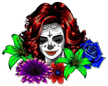 İnsan kafatası ve çiçek çelengi. Los Muertos. Vektör illüstrasyonu.