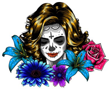 Ölüler Günü için gülleri olan eski kafalı şeker kız.