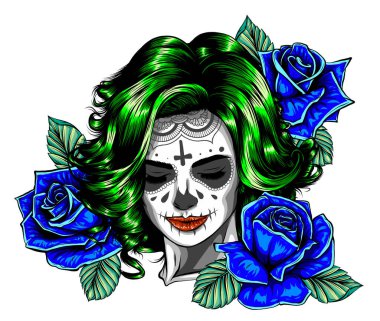 Kadın yüzü ve kırmızı gül çizimi