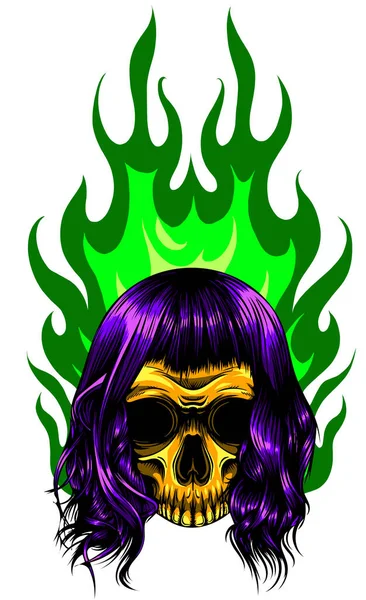Skull in fire tattoo design. Hand drawn vector — Stock Vector