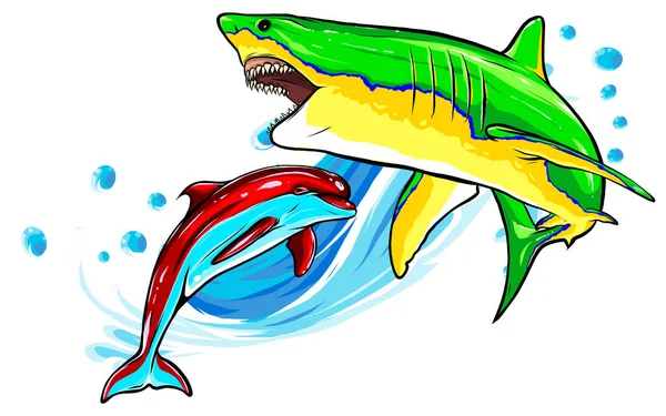 Yunus ve Köpekbalığı illüstrasyonu. Komik çizgi film ve vektör izole karakterler. — Stok Vektör