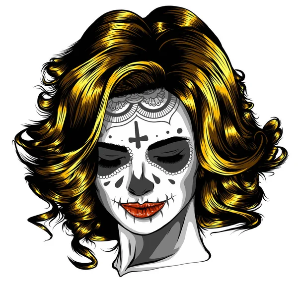 Vrouw met suiker schedel gezicht verf vector illustratie — Stockvector