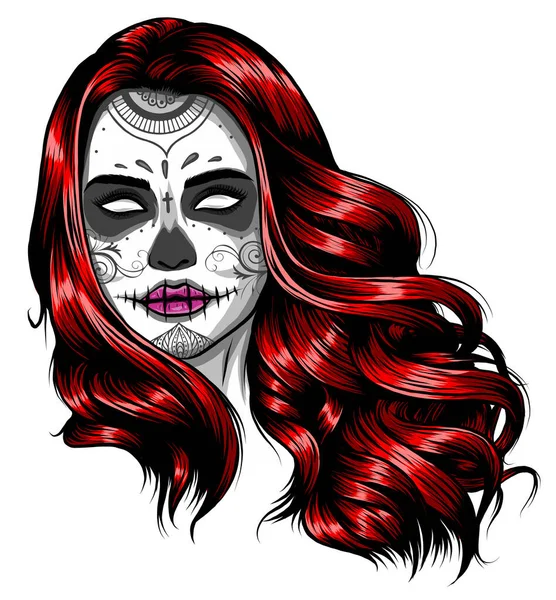 Femme avec Crâne de Sucre Visage Peinture vectorielle illustration — Image vectorielle
