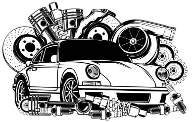 Siyah ve beyaz olarak klasik araba ve parça koleksiyonu