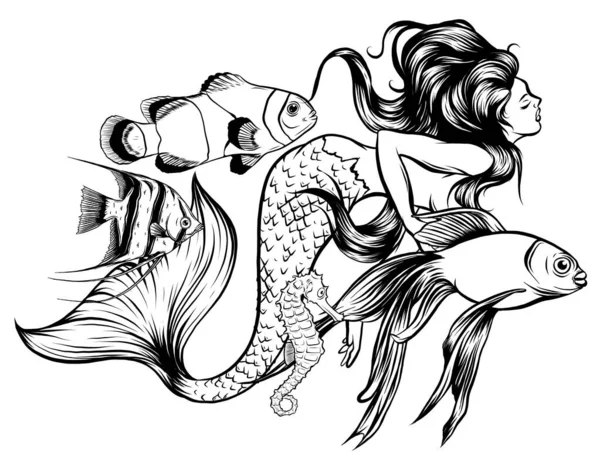 Illustration vectorielle d'une sirène et de son monde sous-marin, plein de vie et de couleur. vecteur — Image vectorielle