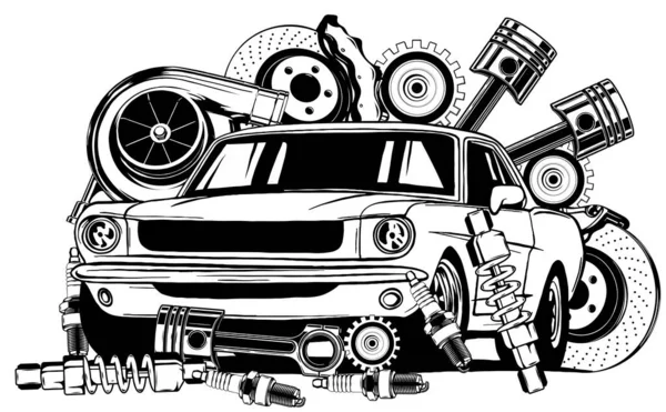 Collezione auto d'epoca e componenti in bianco e nero — Vettoriale Stock