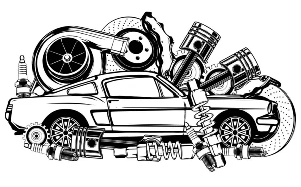 Siyah ve beyaz olarak klasik araba ve parça koleksiyonu — Stok Vektör