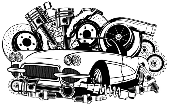 Collection de voitures et composants vintage en noir et blanc — Image vectorielle