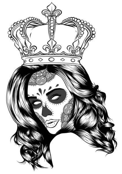 Female skull with a crown and long hair. Queen of death drawn in tattoo style. Vector illustration. — Stock Vector