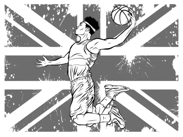 Siyah erkek basketbolcu topu dinamik bir pozisyonda sektirirken koşuyor. — Stok Vektör