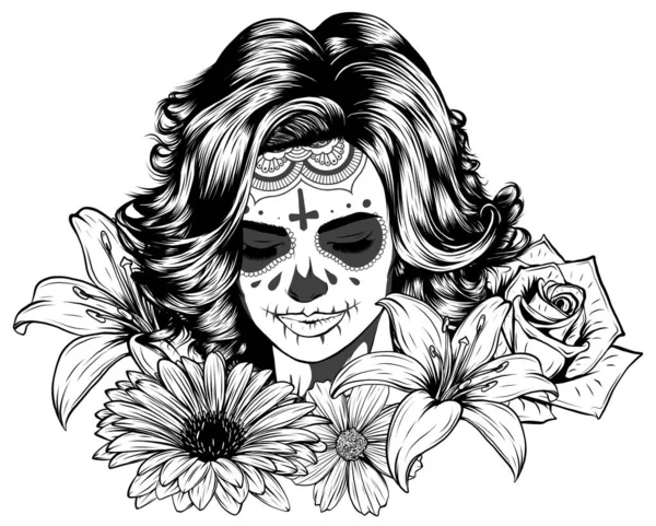 Teschio umano e corona di fiori. Los muertos. Illustrazione vettoriale. — Vettoriale Stock