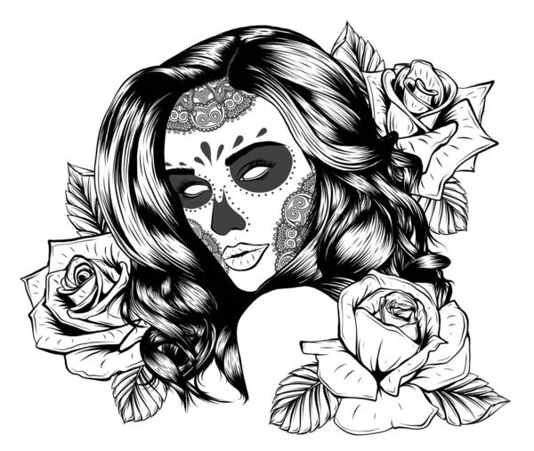Crâne humain et couronne de fleurs. Los Muertos. Illustration vectorielle. — Image vectorielle