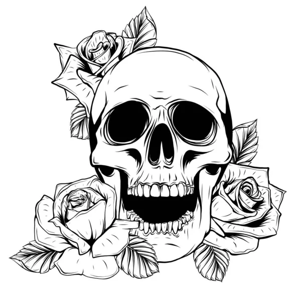 Ilustración sobre fondo blanco. Calavera y rosas y peonías flores. Blanco y negro. — Vector de stock