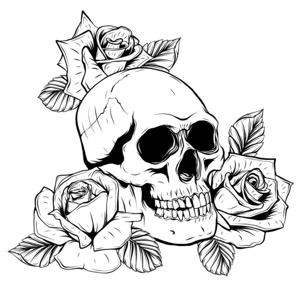 Иллюстрация на белом фоне. Череп, розы и цветы пионов. Черное и белое.