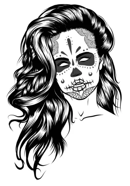 Illustration de fille crâne noir et blanc avec rose en poils sur fond blanc — Image vectorielle